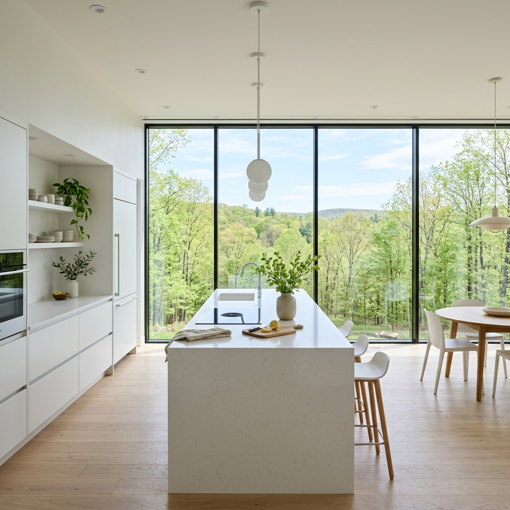 Panoramic Kitchen Collection - Minimalist sunlit kitchen layout with windows viewing a spring green forest canopy
