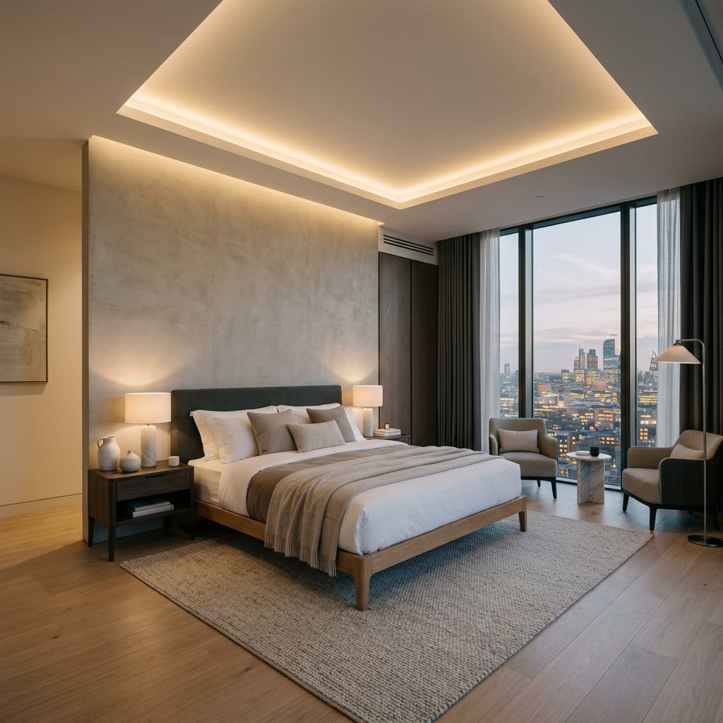 Bedroom Design - Modern luxury master bedroom suite with neutral linens and ambient lighting