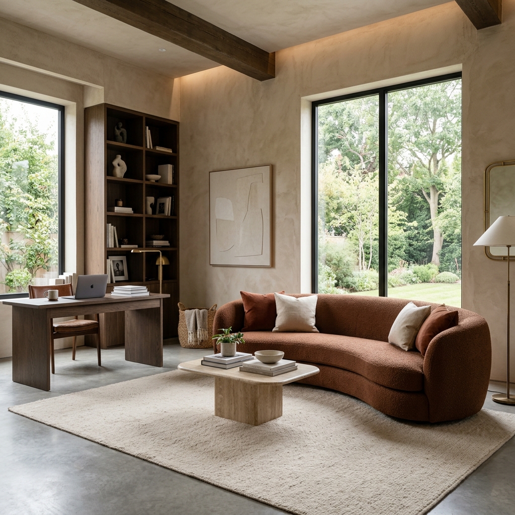 Study Room Collection - Luxury modern study room with curved terracotta fabric sofa and tall glass windows