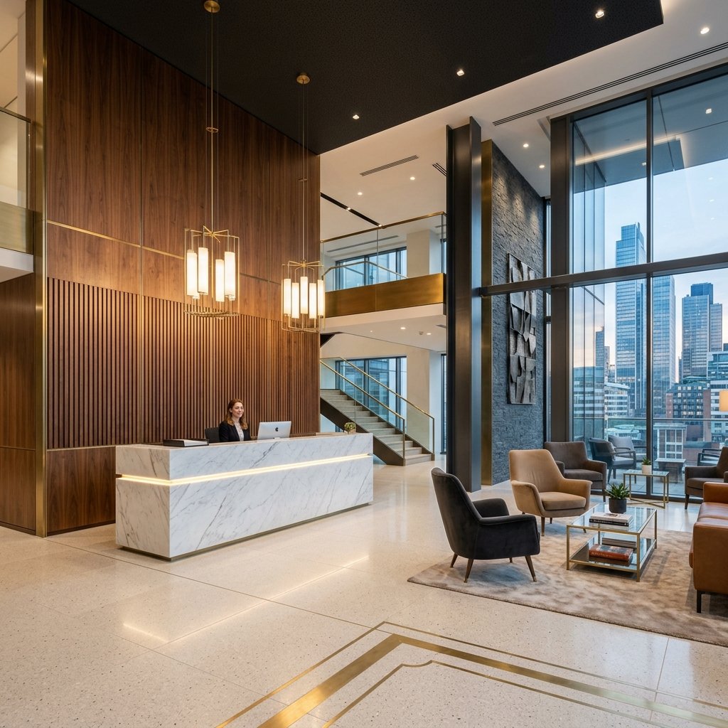 Commercial Design - Premium luxury office reception lobby area with marble desk and wood paneling