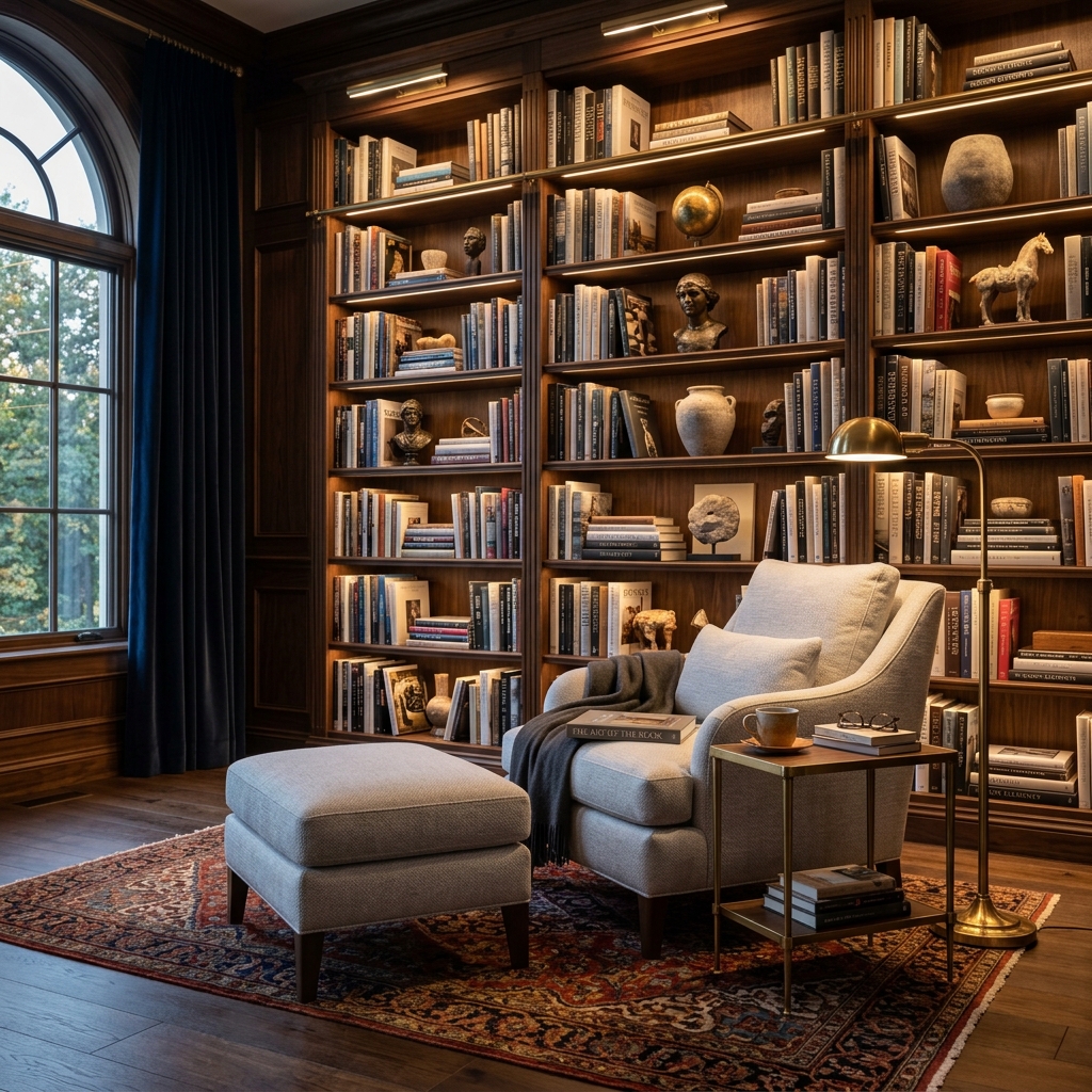 Reading Lounge Collection - Elegant reading study with modular light grey armchair, matching footrest ottoman, wood shelves background