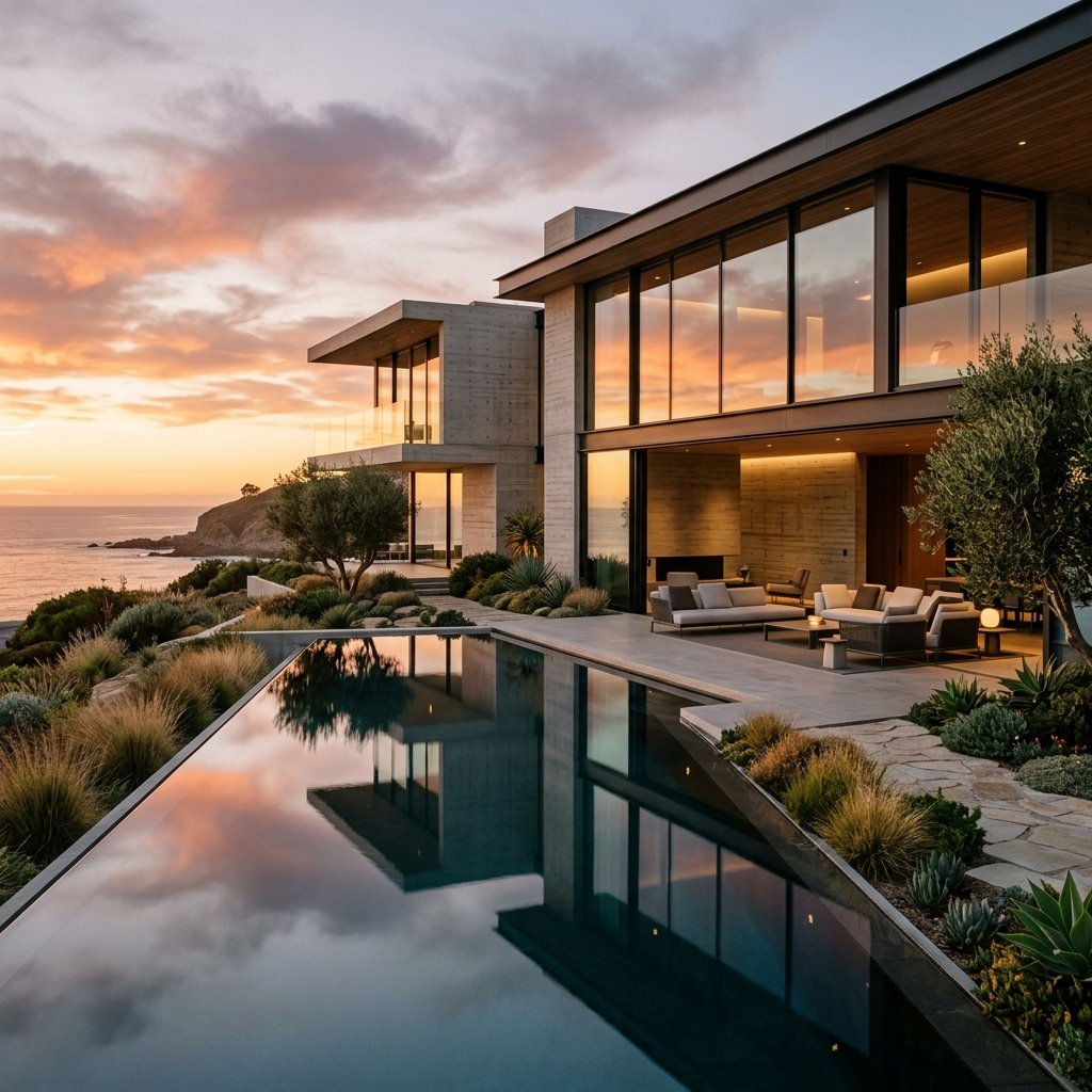 Villa's Collection - Modern luxury architectural villa exterior with reflection pool